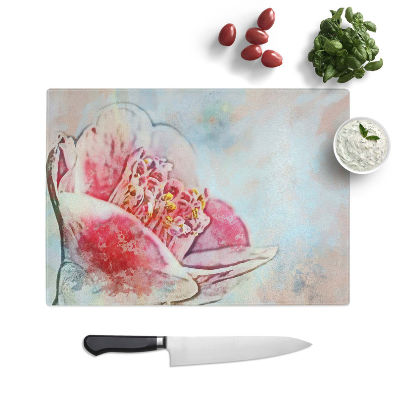 Tempered Glass Blossoming Camellia Flower Chopping Board, 39 cm W x 28.5 cm L