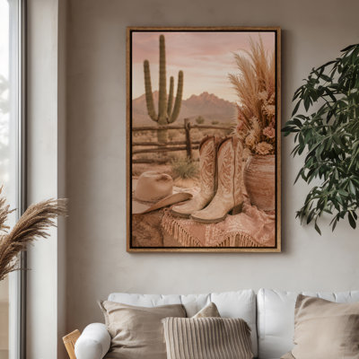 Framed Canvas Wall Art - Western Desert Scene with Cowboy Boots and Hat Decor - 16"x24", 24"x36"
