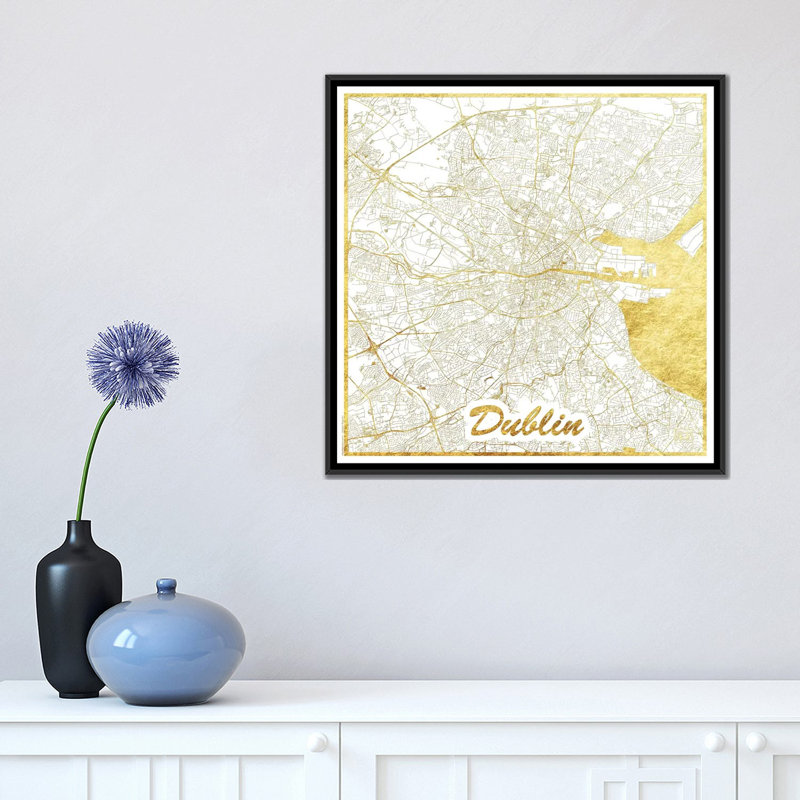 «Dublin Gold Leaf Urban Blueprint Map», impression sur toile, H 18 po x l 18 po x P 1,5 po, Toile avec cadre noir