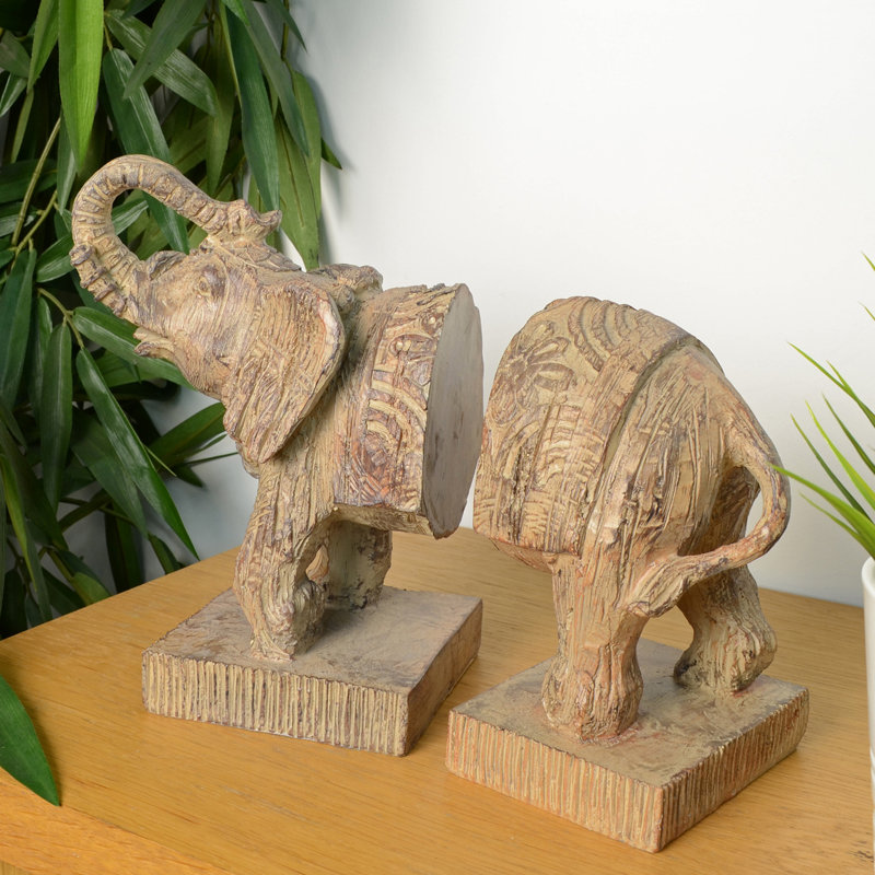 ELEPHANT BOOKENDS 23cm Carved Wood Effect