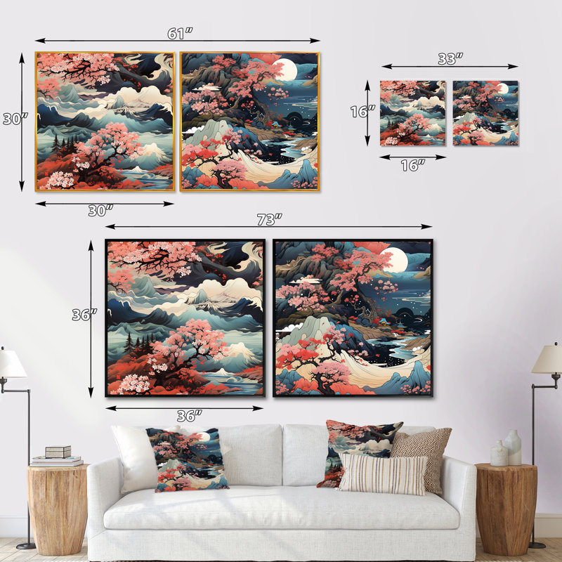 Mountain Ukiyo E - Paysages abstraits, ensemble de 2 carrés carrés, Toile tendue, H 36 po x l 73 po