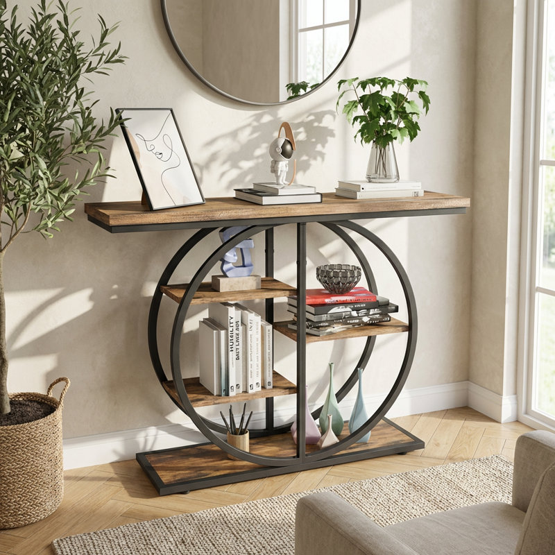 Console industrielle étroite avec plusieurs tablettes de rangement et base ronde stable, mobilier d'appoint multifonctionnel