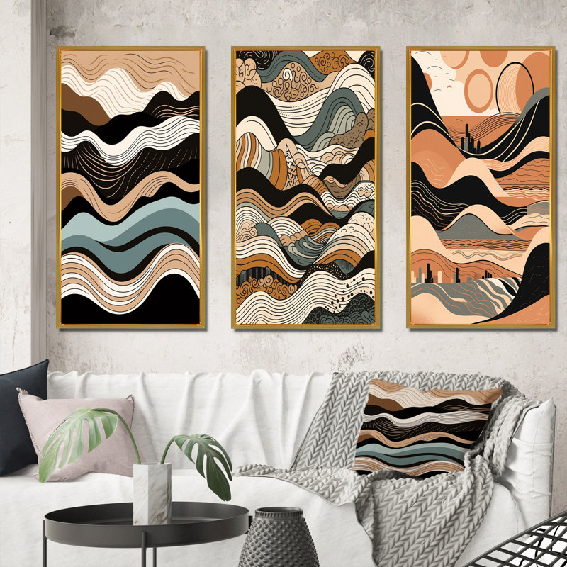 «Teal Black Line Art Elegance», 3 pièces, Cadre flottant doré, H 20 po x l 36 po