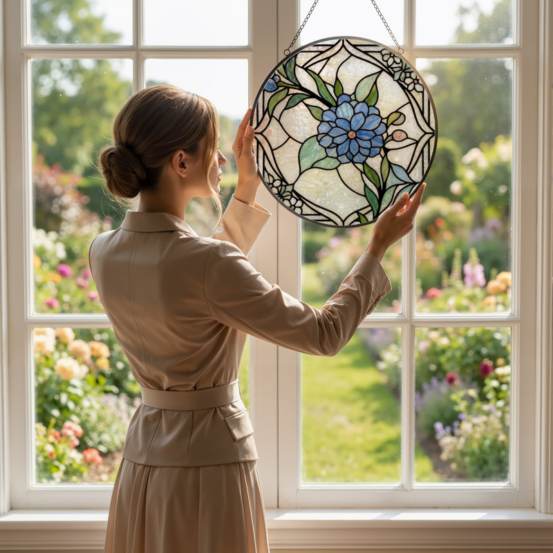Panneau de vitrail à motif floral H 12 po, 12" H x 12" W