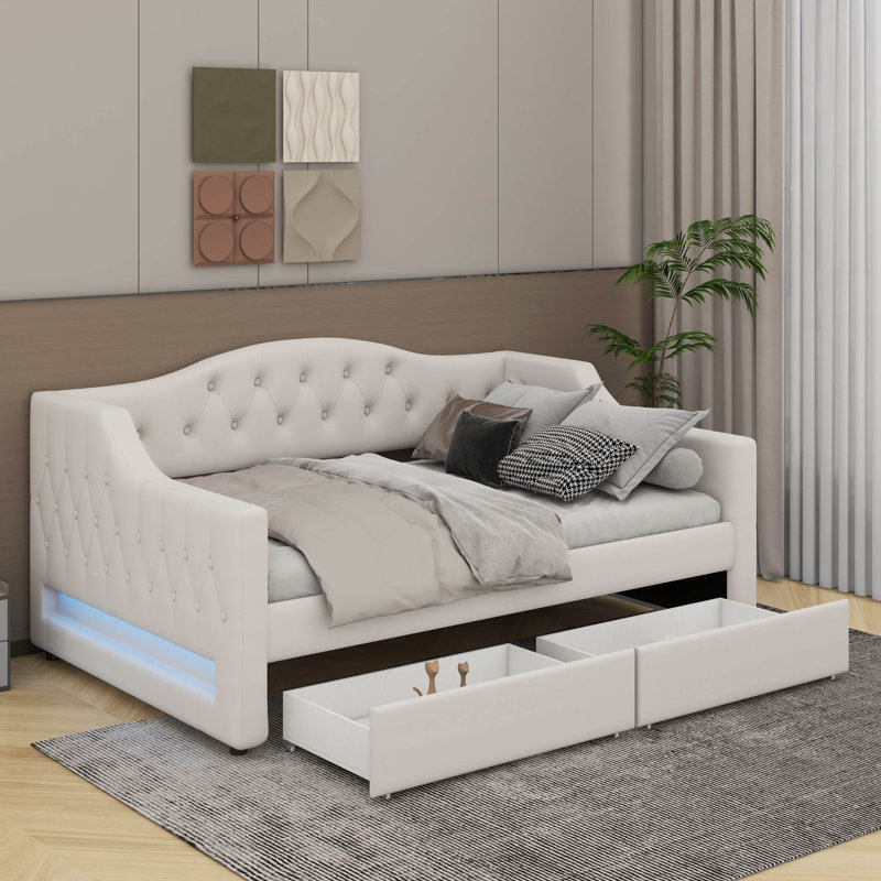 Twin XL Size Daybed With LED Belt And 2 Drawers, Beige