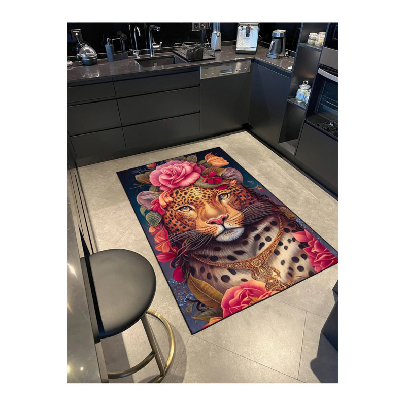 Floral Insect Tiger Patterned Washable Carpet, Round 5'
