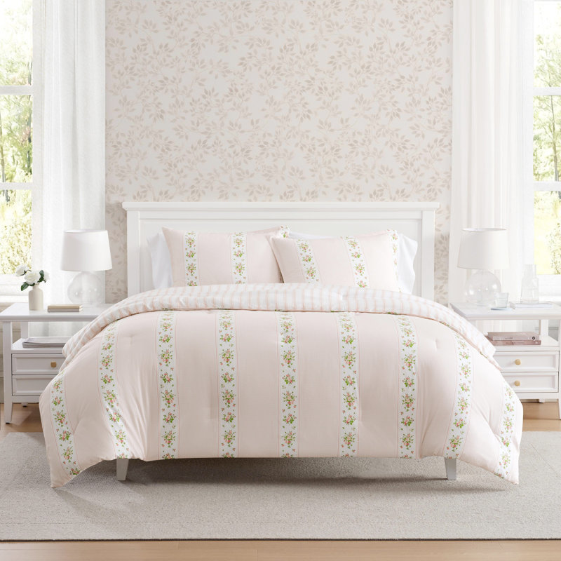 Ensemble d'édredon réversible en coton Martha Stewart Annabelle, Édredon pour grand lit + 2 taies décoratives, Rose