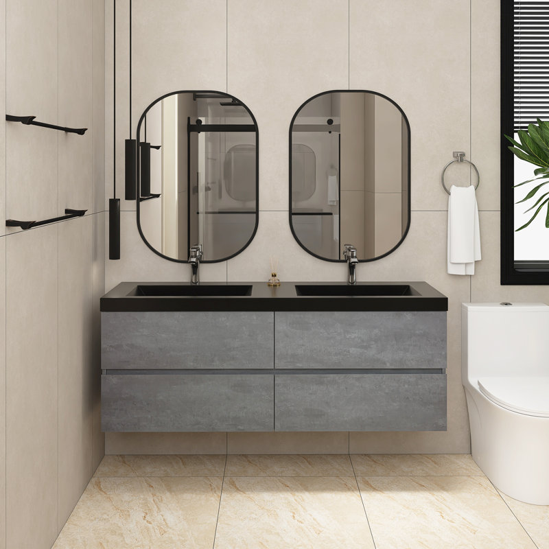59.06 In. W X 19.69 In. D X 22.44 In. H Double Sinks Wall Mounted Bath Vanity In Grey With Black Solid Surface Top