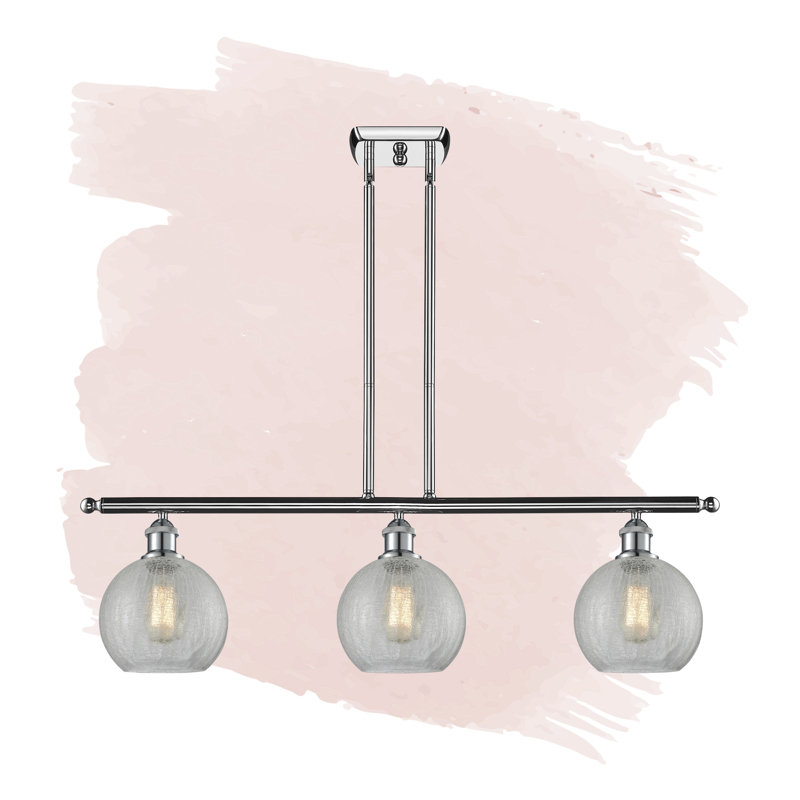 Luminaire suspendu linéaire à 3 lumières pour îlot de cuisine Baptista, Chrome poli, Transparent craquelé