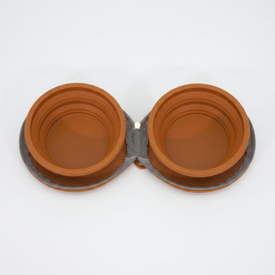 Bol pour chien 2-en-1 pliable en silicone avec mousqueton, plat à double compartiment pour le voyage, le camping, la randonnée, brun