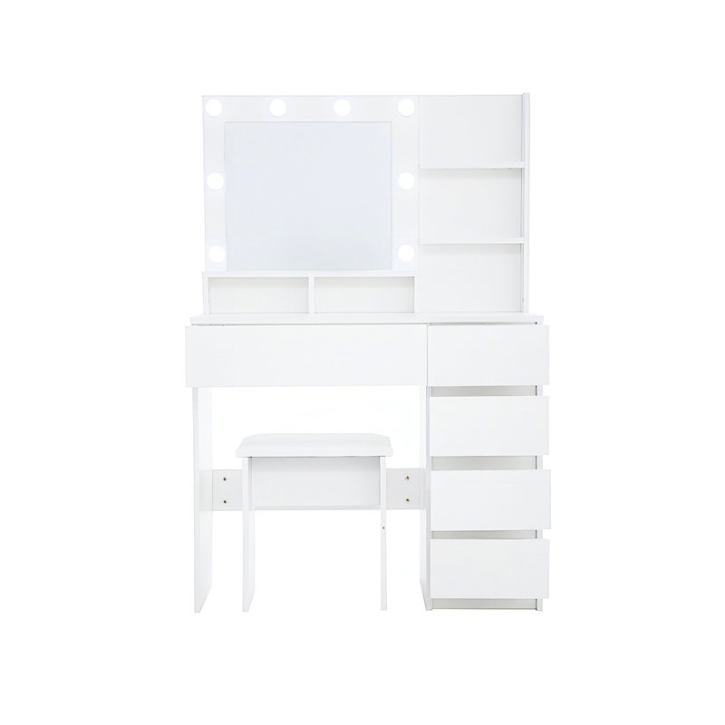 Coiffeuse de maquillage avec miroir, 3 luminaires, 4 tiroirs, rangement suffisant, luminosité réglable blanche, espace spacieux