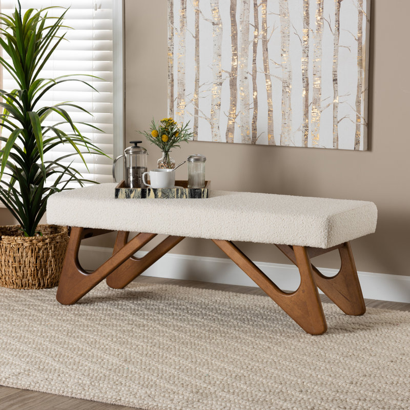 Cream Boucle Fabric and Walnut Wood Bench with Button-Tufted Seat