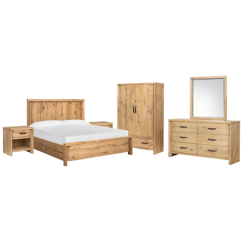 Commode 2 tiroirs Hagi, 6 Pcs:Bed,2 Nightstand,Dresser,Mirror,Armoire, Très grand