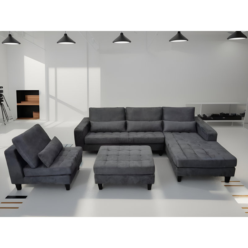 Begraj Upholstered L-Shaped Sectional, Dark Gray Microfiber/Microsuede, Right Hand Facing