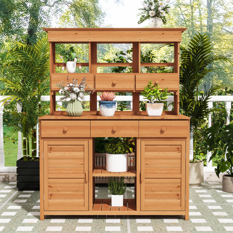 Table de jardin rustique avec huche, 6 tiroirs, tablettes, 2 armoires et crochets latéraux, Naturel