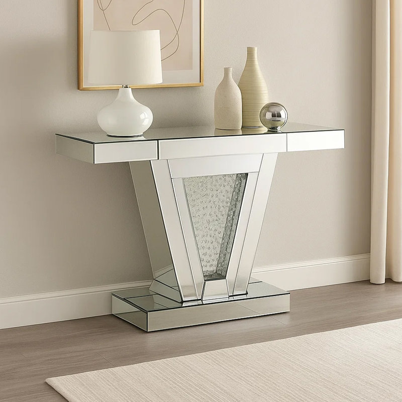 Console en bois et miroir avec incrustation de faux cristaux, transparent