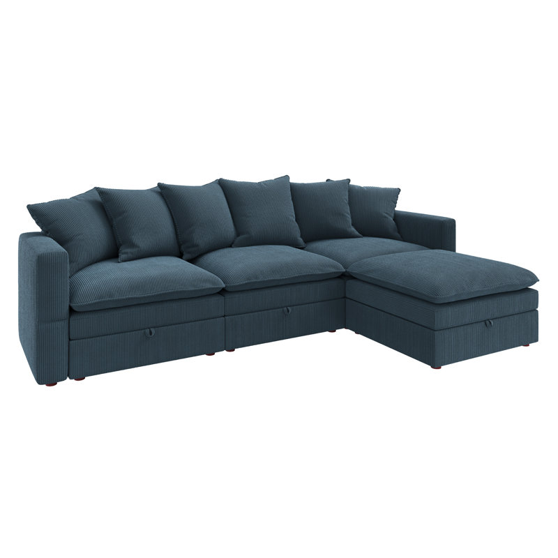 Canapé modulaire en L avec rangement en L, Velours côtelé bleu
