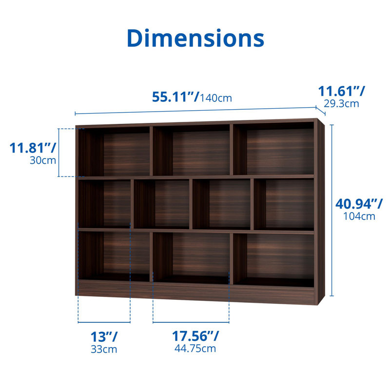 Presly 3  Tier Cube Bookcase Modern Bookshelf with 10 Cubes, Brown, (10 Shelves) 33.07"H x 43.31"W x 11.61"D