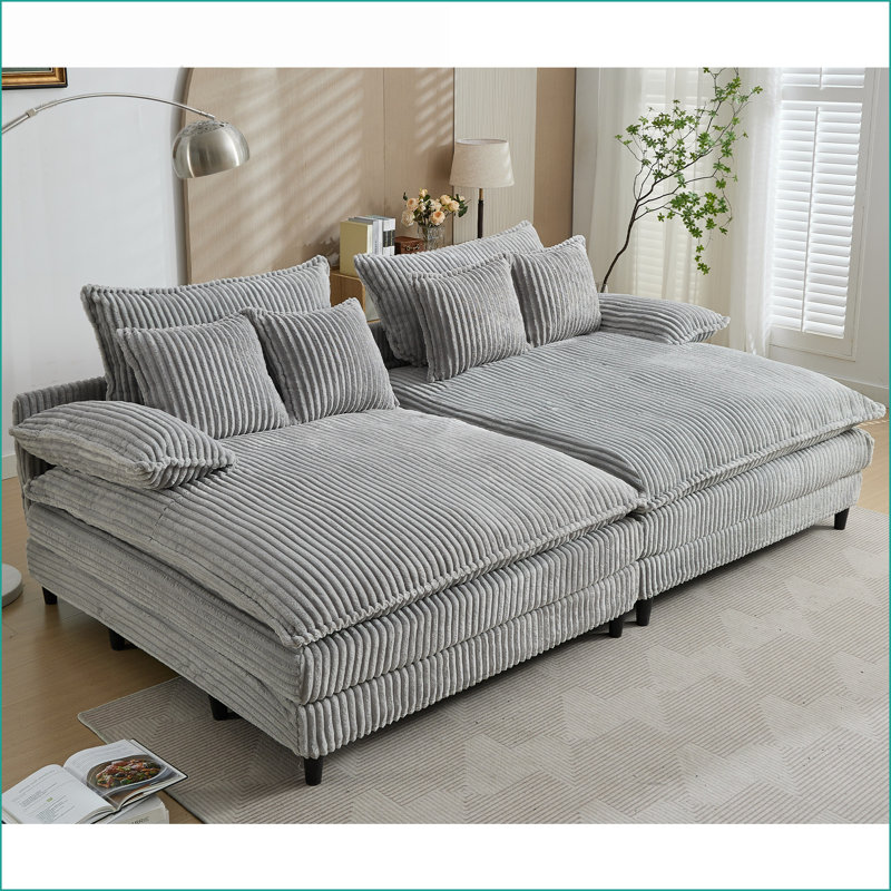 Oversized Double Chaise Lounge Sofa Bed, 109.5"W 4-Gear Adjustable, Fluffy Corduroy 4 Pillows, 2-Person Slate Gray | Polyester | Wood