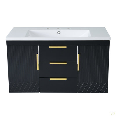 Meuble-lavabo mural 36 po avec lavabo en résine, armoire de rangement flottante avec 2 tiroirs, armoire de salle de bain en bois massif