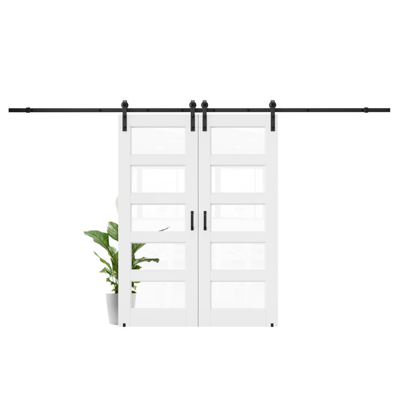 Porte de grange coulissante en verre transparent blanc apprêté 5-Lite avec trousse de quincaillerie d'installation / aucun assemblage requis