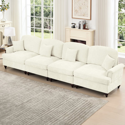 Elegant Mid Century 4 Seater With Flared Arms, Removable Ruffles Skirts, And Spindle Legs, Comfy Chenille For Living Room, Beige White