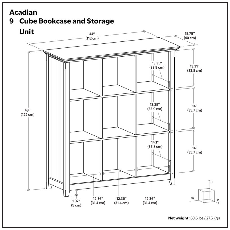 Acadian 44"W Solid Wood 9 Cube Storage Bookcase with Fixed Shelves, Light Golden Brown