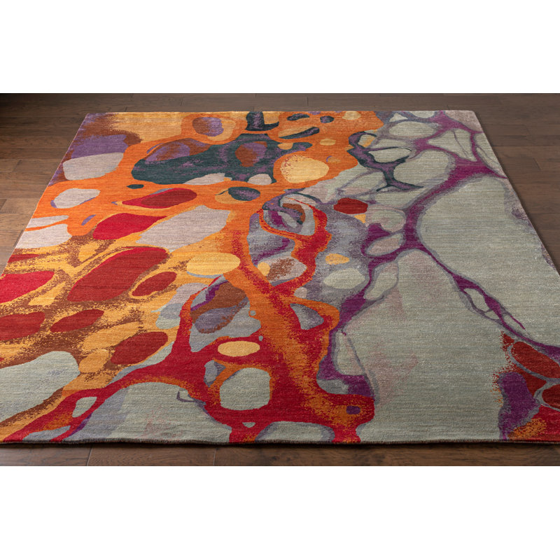 Lankin Wool Abstract Area Rug in Orange/Gray/Purple, Rectangle 4' x 6'