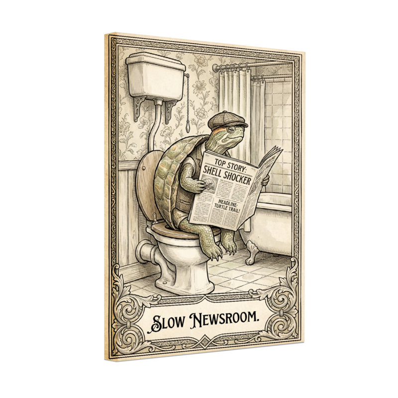 Bath & Laundry - tortue lisant un journal sur une toilette, H 30 po x l 20 po