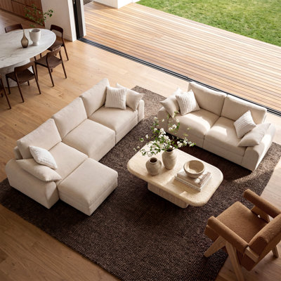 Ensemble de salon modulaire Rialto 3 pièces en chenille moderne à effet nuage, avec accoudoirs arrondis, comprenant un canapé 3 places, une causeuse et un pouf, montage sans outil, housses lavables