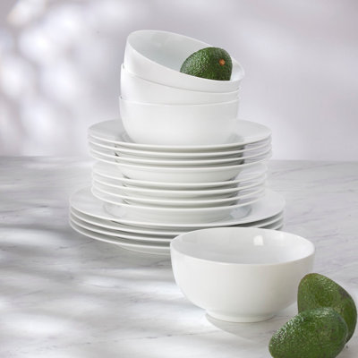 White Essential Fine Porcelain 16 Piece Classic Rim Double Bowl Dinnerware Set ( Rim Soup Bowl And 6-Inch Cereal Bowl Assorted )