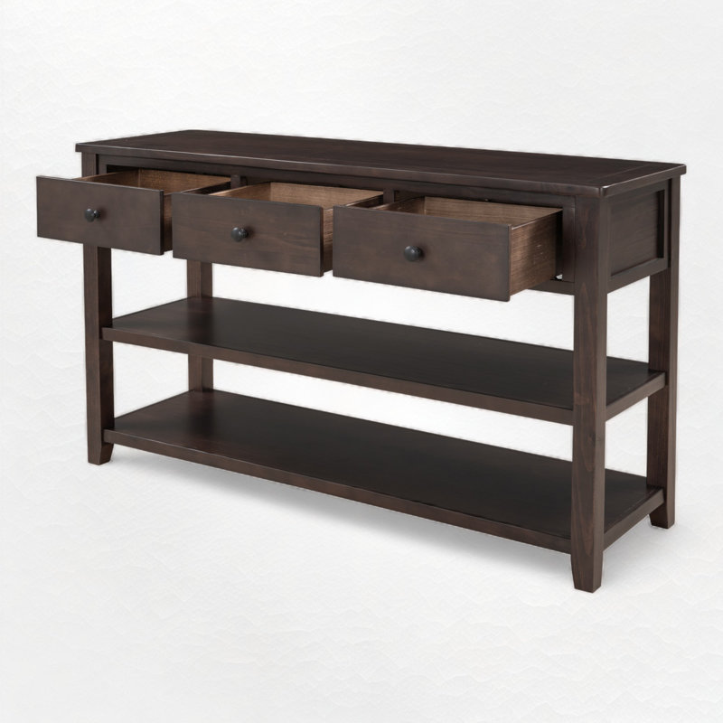 Console avec étagères ouvertes et tiroirs, dosseret de rangement en bois massif et MDF, H 30 po x l 50 po x P 16 po