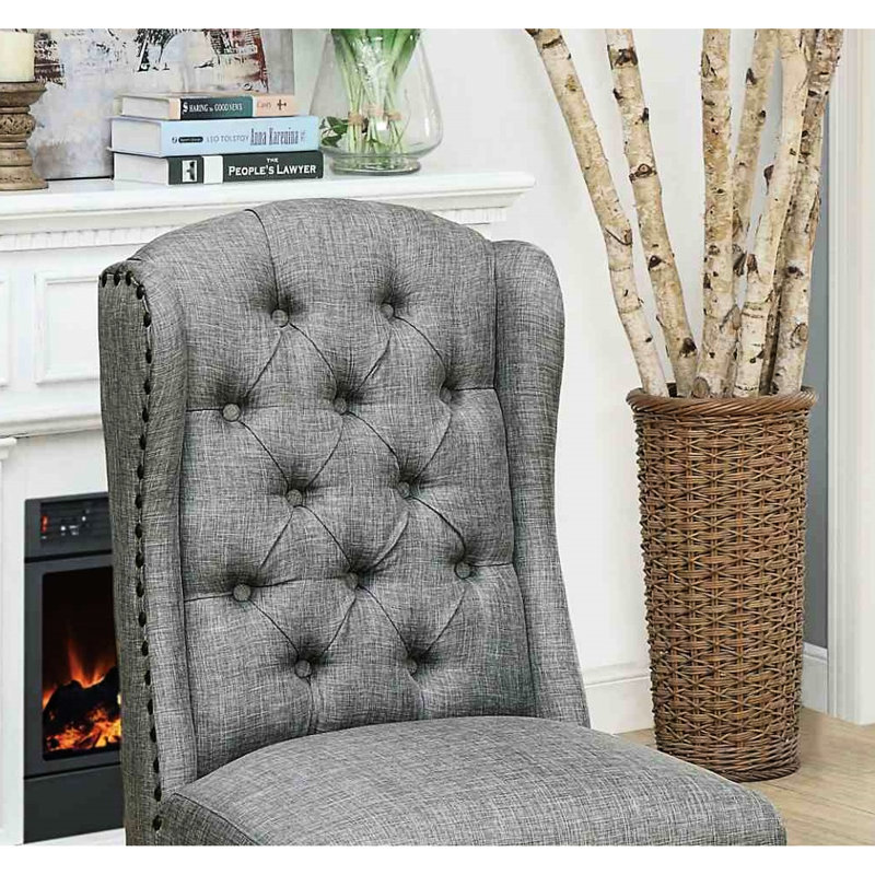 Chaise d'appoint 2 pièces pour salle à manger de style rustique, finition noire et grise antique, bouton à oreilles avec garniture cloutée, tissu en bois massif, pièce d'une hauteur de 42,5 po, couleur, tissu inspiré du lin