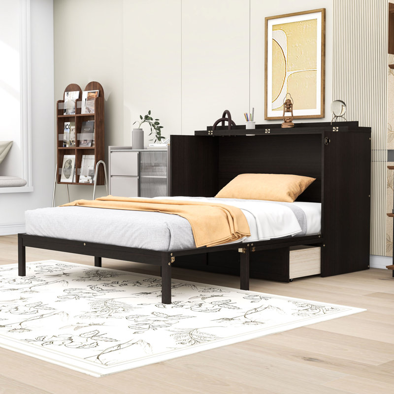 Grand lit escamotable en bois avec tiroir de rangement et ports USB, Espresso
