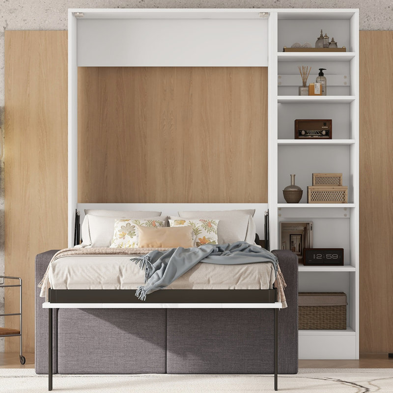 Lit simple avec tablettes, blanc, pour une chambre à coucher confortable, atmosphère, tablettes, ambiance élégante - touche élégante