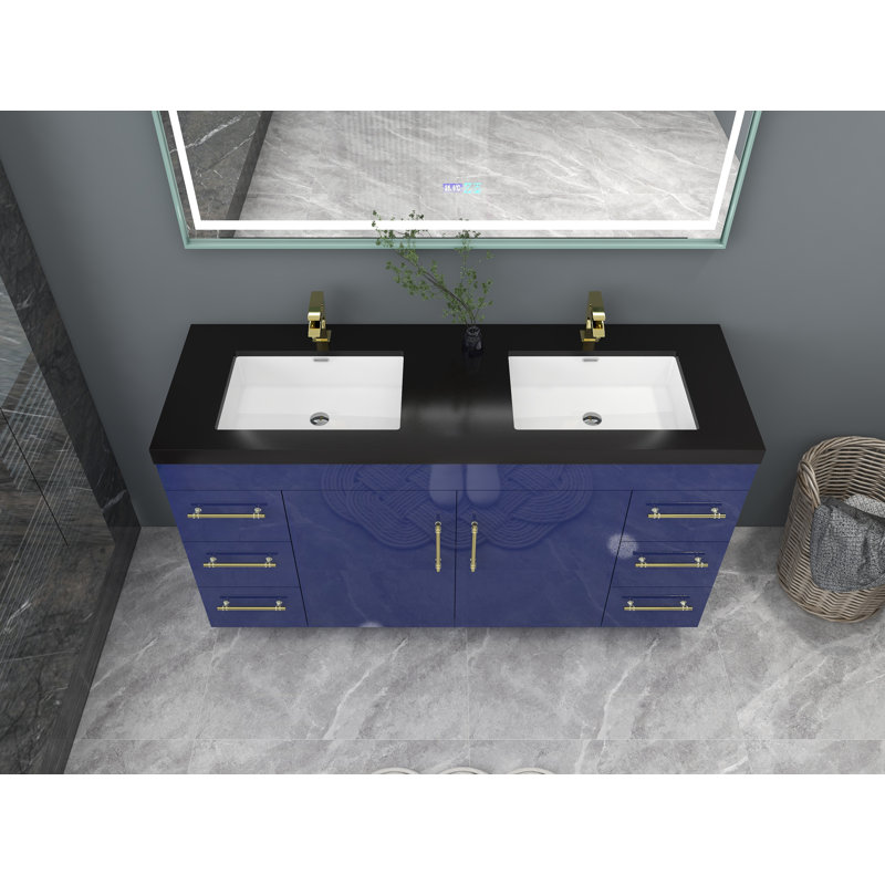 Ensemble de meuble-lavabo double 60 po Campbelle, Bleu nuit brillant, Or mat