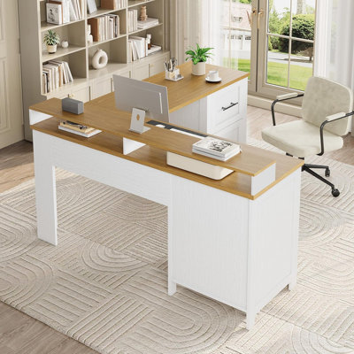 63" Executive L-Shaped Desk with 4 File Drawers & Power Outlet, Large Corner Computer Desk with Monitor Stand & USB