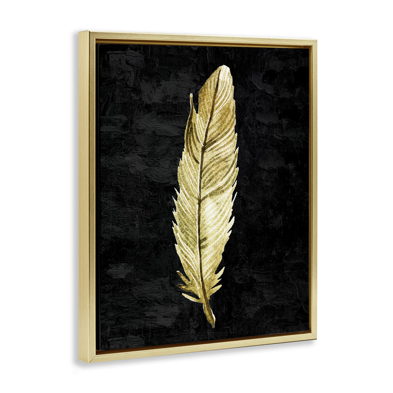 Plume courbée sur cadre flottant noir, design par Kim Allen, H 21 po x l 17 po, Cadre flottant métallique doré