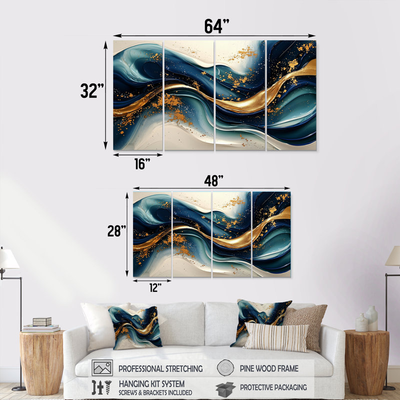 Chaumont - art mural vagues - art mural moderne pour le salon, 4, H 28 po x l 48 po