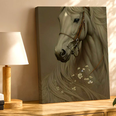 White Horse Portrait Elegant Equine Floral Canvas Wall Art Print, White Floral Elegant Decorative Artwork for Home Decor, Bedroom, Living Room, Office, Gallery Wall Accent