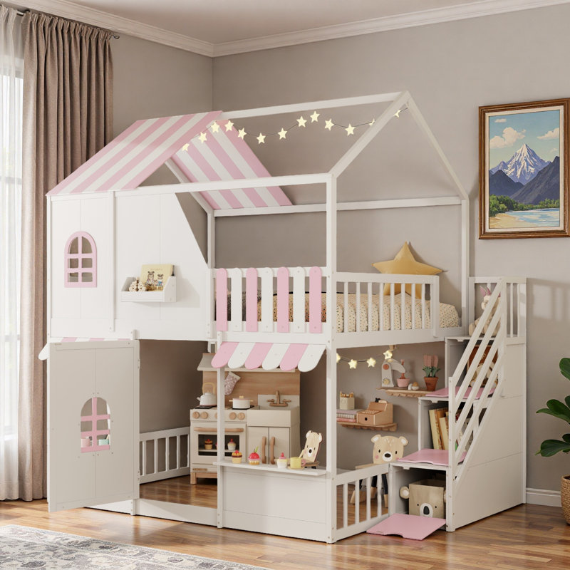 Wooden House Bunk Bed With Storage Staircase, Open Storage Platforms, Additional Shelf, Roof, Cute Windows And Center Door