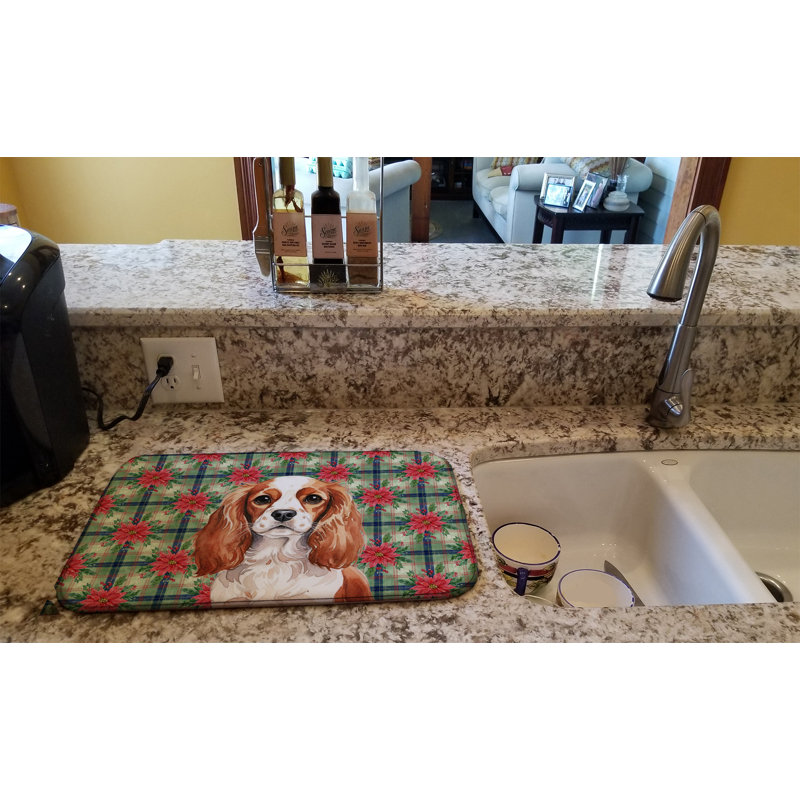 Blenheim English Toy Spaniel Christmas PoinsettIas Dish Drying Mat, Brown/White