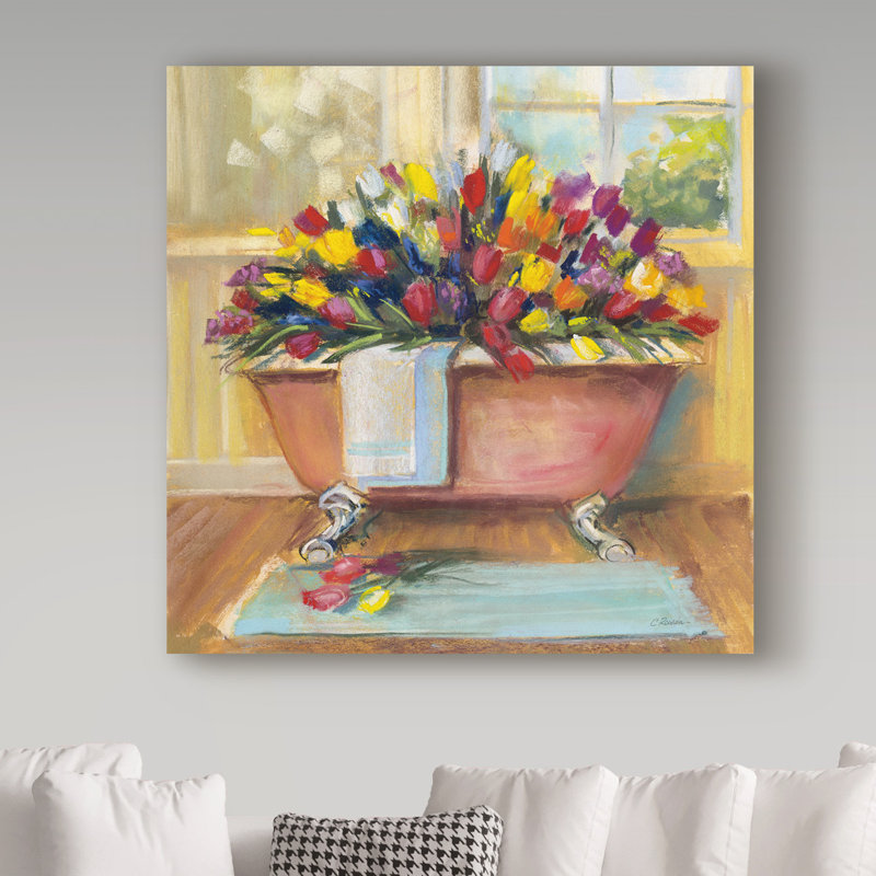 Floral Square Framed Canvas Art with Pink Bathtub