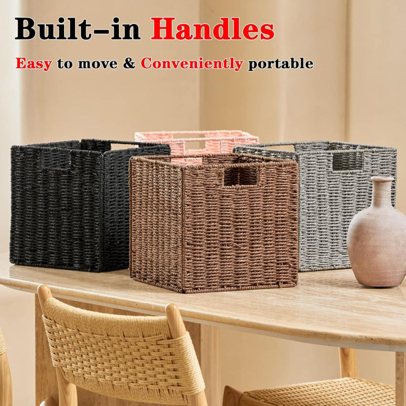 Wicker Basket, Set Of 2 Hand-Woven Paper Rope Storage Baskets For Organizing, Foldable Cubby Storage Bins, 11 Inch Large Wicker Storage Basket, Square Baskets Cube Storage Organizer