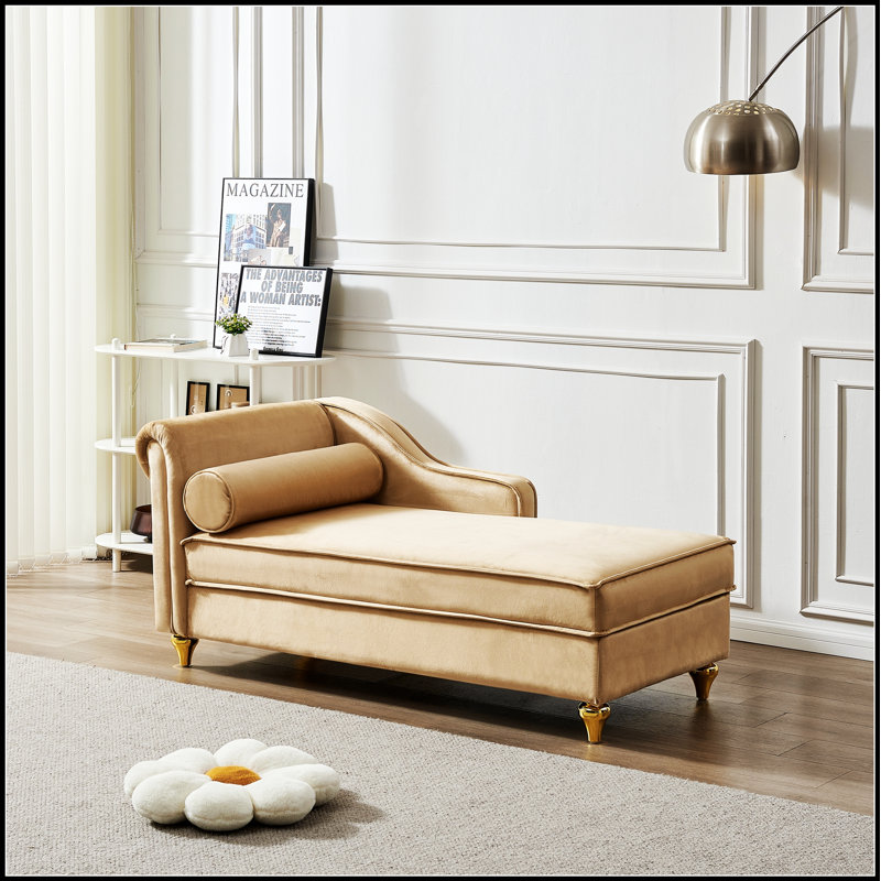 Méridienne moderne avec rangement en velours avec rangement, parfaite pour la détente et la vie organisée.