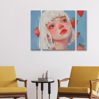 Ensemble de 3 panneaux - Andreas Magnusson «Strawberry Girl Two», art mural sur toile pour le salon, la chambre à coucher ou le bureau 