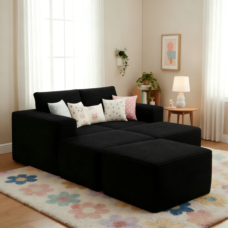 73.4" Corduroy 2-Seater Compression Sofa with Ottoman, No Assembly Required, Foam & Independent Pocket Springs, Black