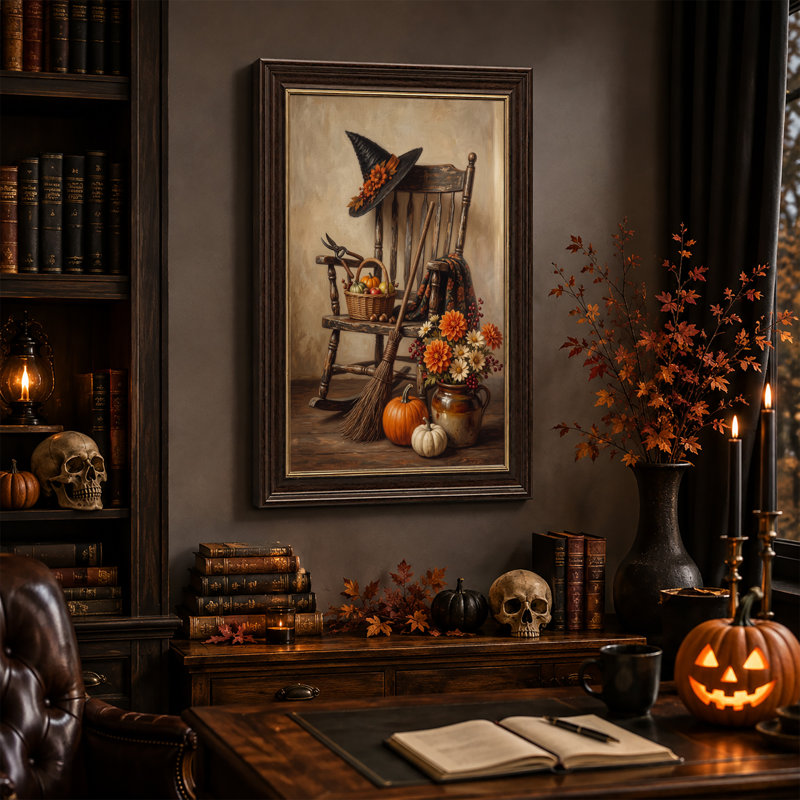 «Witch Hat», chaise berçante avec dahlias oranges et toile d'Halloween, H 18 po x l 12 po