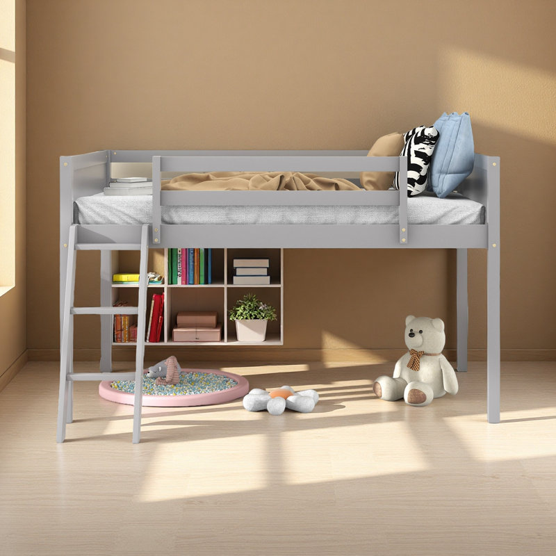 Wood Low Loft Bed With Ladder, Ladder Can Be Placed On The Left Or Right, Gray