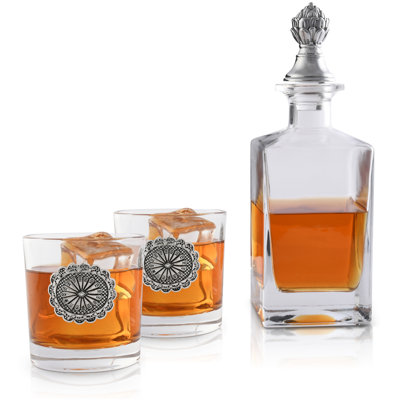 Western Concho Glass Whiskey Decanter with Pair of Double Old Fashion Glasses